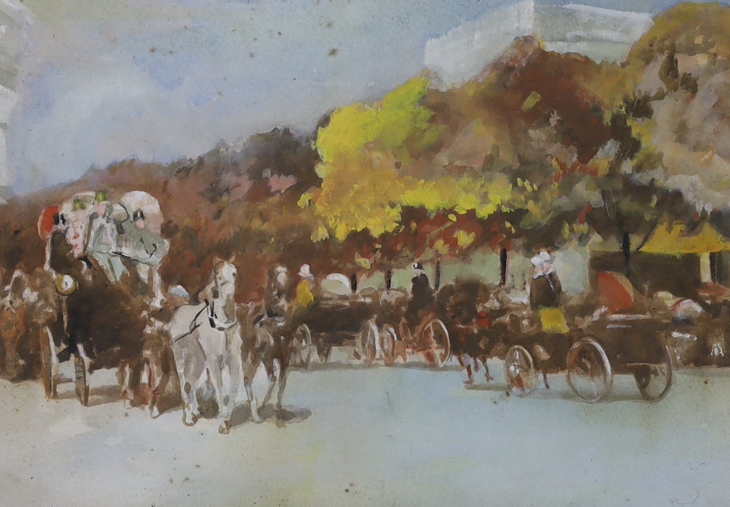 After Frederick Childe Hassam (1859-1935), watercolour, 'Carriages on an avenue, Paris 1887', bears signature and date, 25 x 34cm